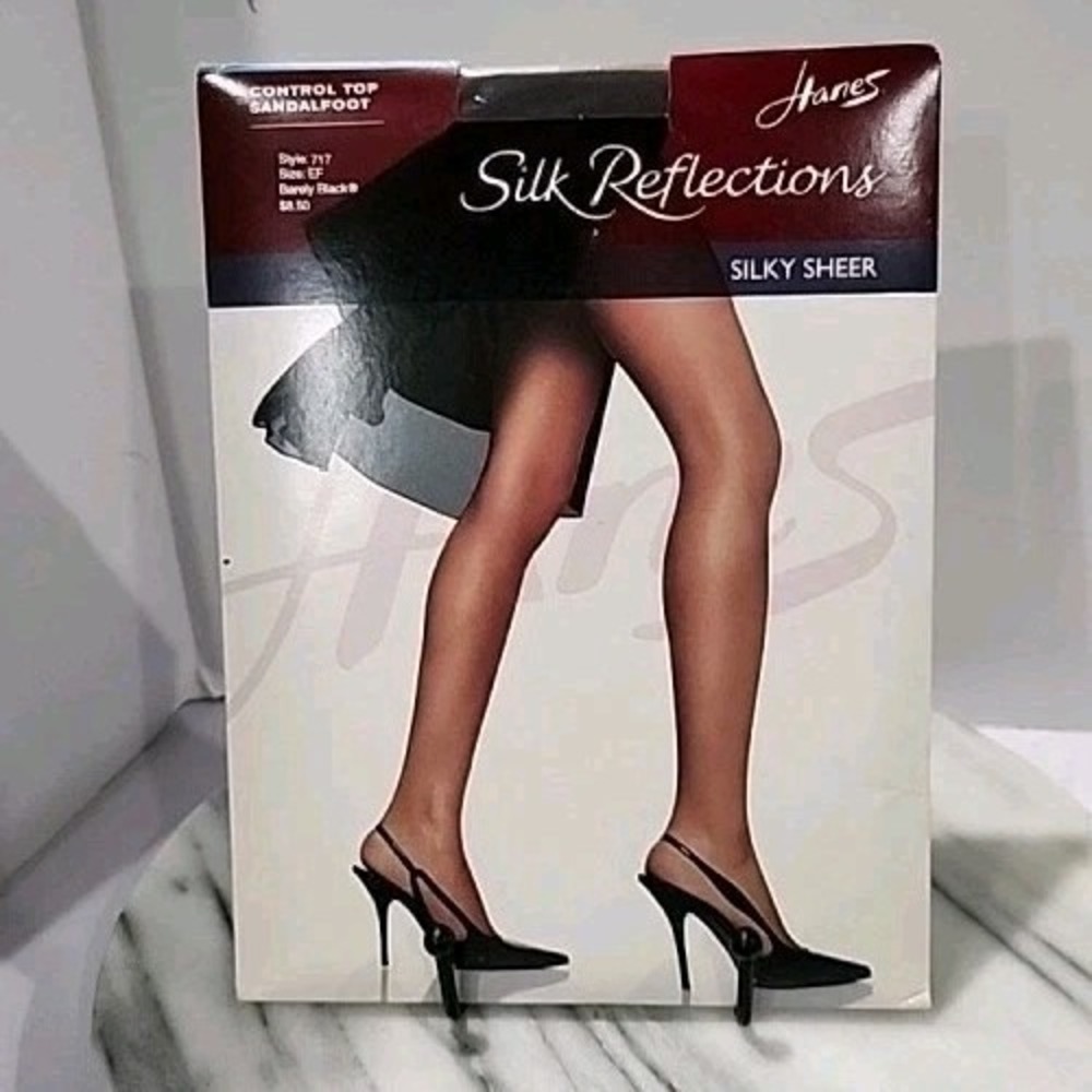 Hanes Silk Reflections Pantyhose Size EF Style 717 Barely Black Silky Sheer